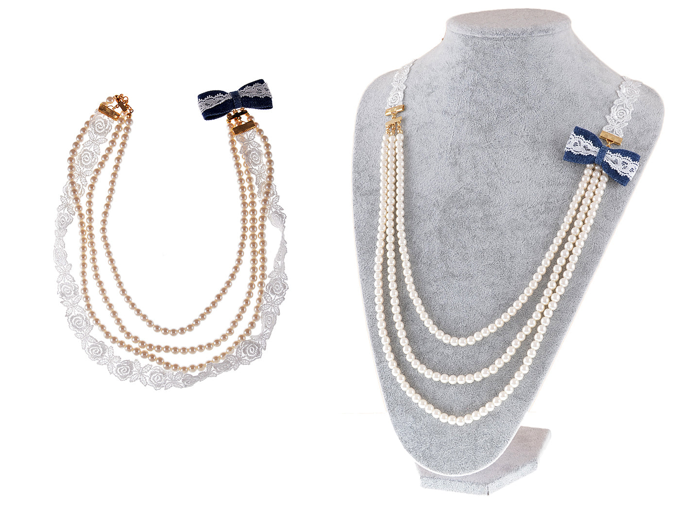 Swarovski Crystal Cream Triple Strand Pearl Bead Lady Like Lace Denim Bow Tie Back Necklace