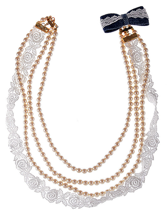 Swarovski Crystal Cream Triple Strand Pearl Bead Lady Like Lace Denim Bow Tie Back Necklace