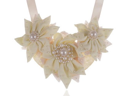 Cream Holiday Poinsettia Tri Flower Pearl Bridal Fabric Bib Ribbon Necklace