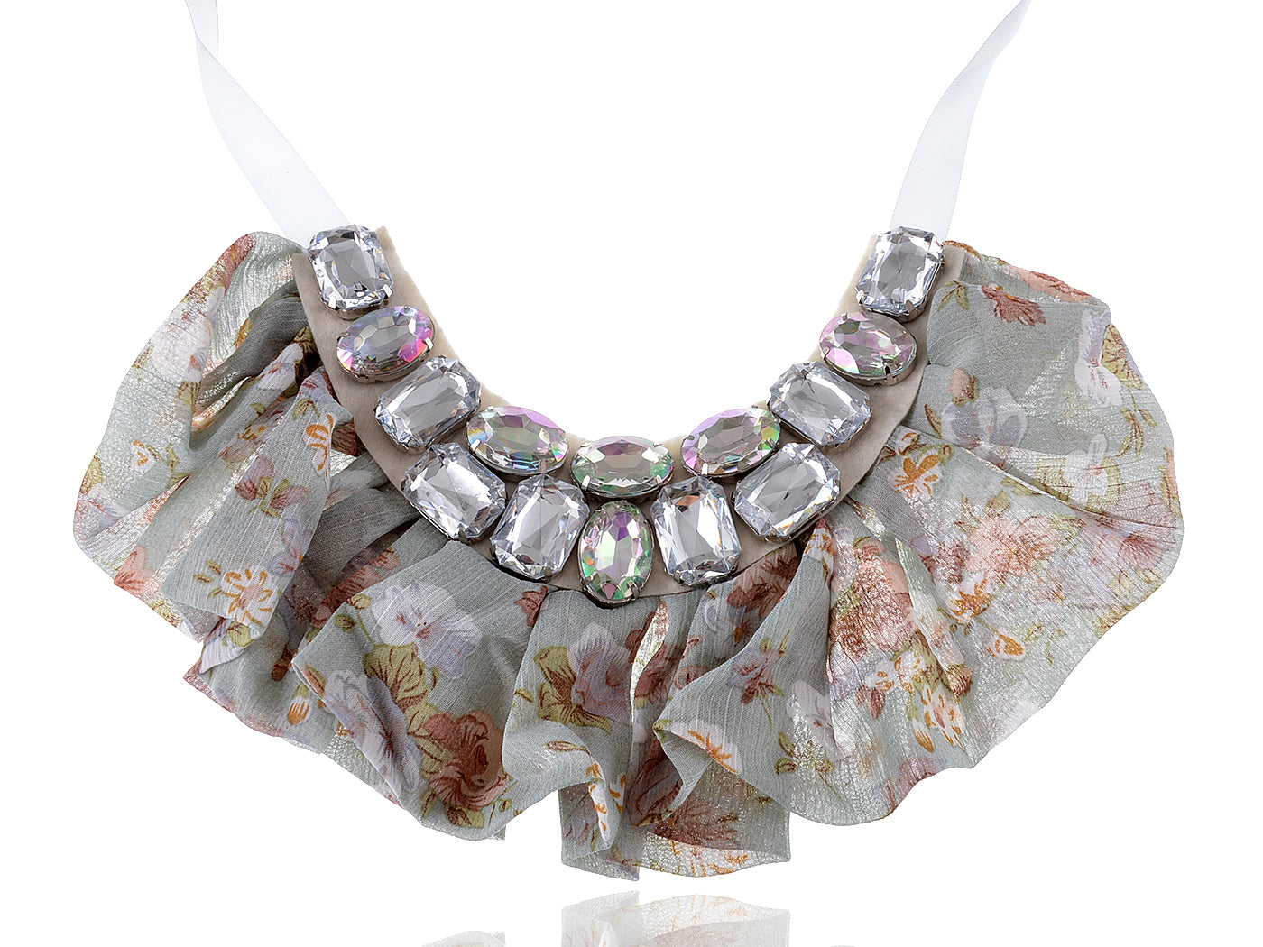Country Flower Fabric Bib Ruffle Trim Aurora Boreale Gem Collar Necklace