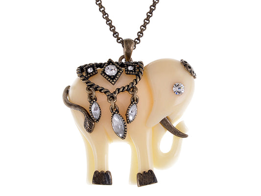 Vintage Cream Ivory Indian Elephant Art Pendant Necklace