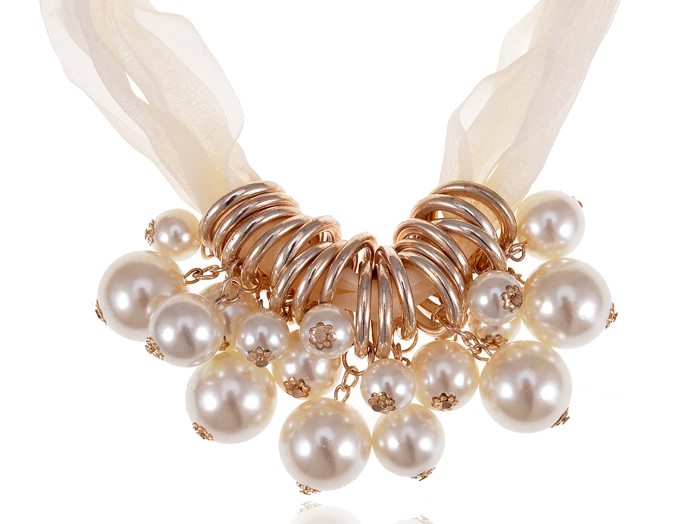 Ring Dangle Pearl Nude Cream Chiffon Fabric Choker Class Necklace