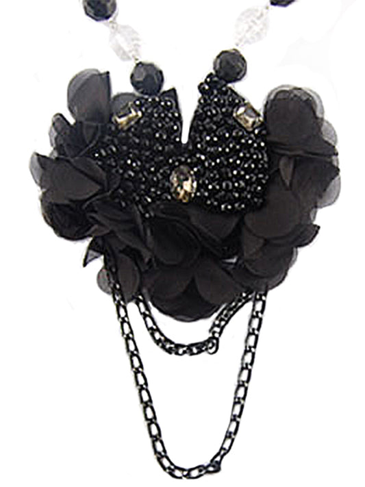 Black Mesh Dahlia Ruffle Flower Petals Bead Dangle Chain Bib Necklace