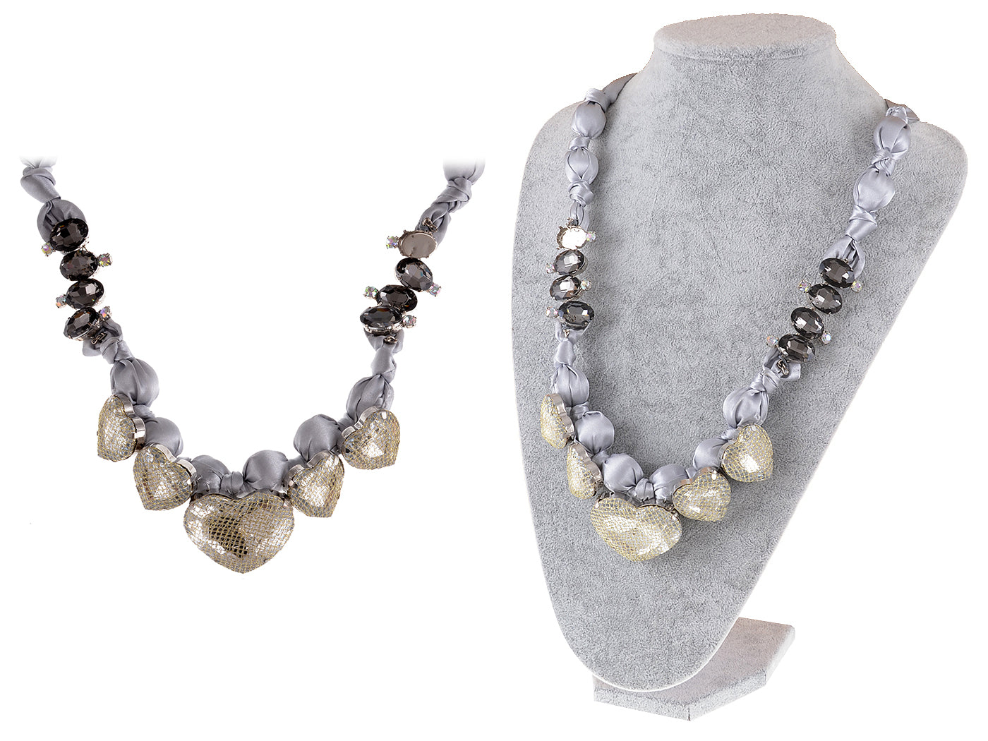 Champagne Nude Satin Fabric Heart Shaped Gems Wrap Necklace