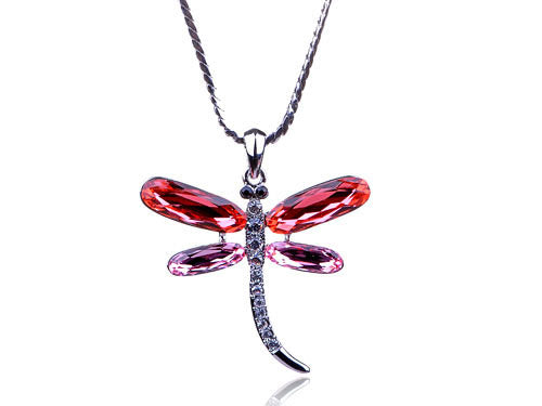 Coral Orange Pink Dragonfly Insect Pendant Necklace