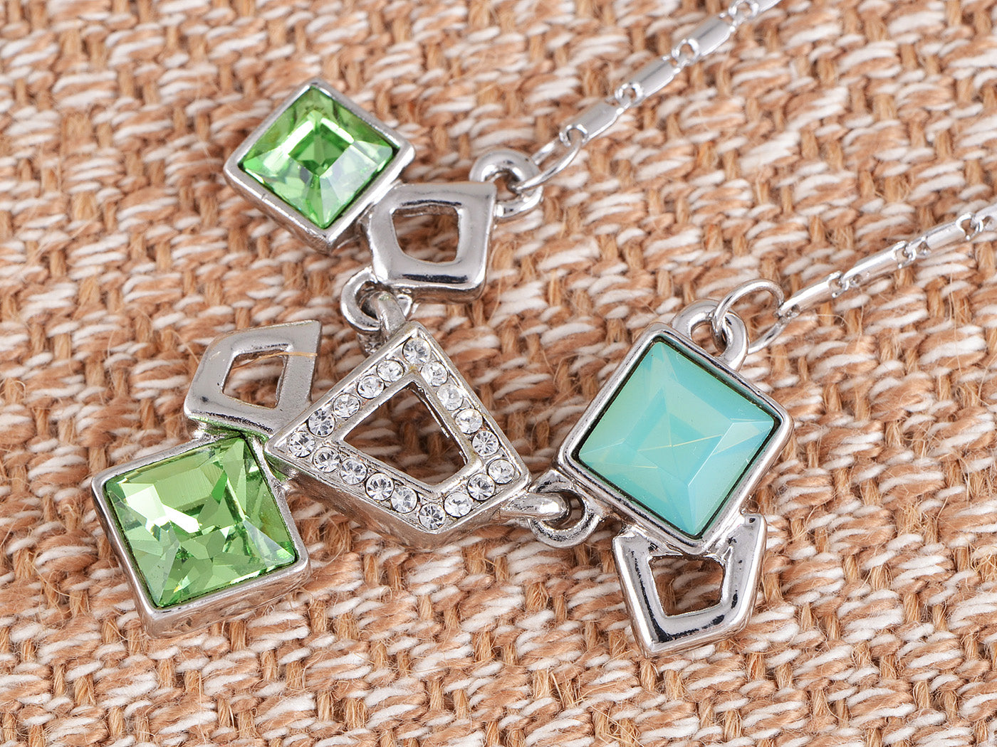Swarovski Crystal Fun Green Opal Geometric Square Shapes Pendant Necklace