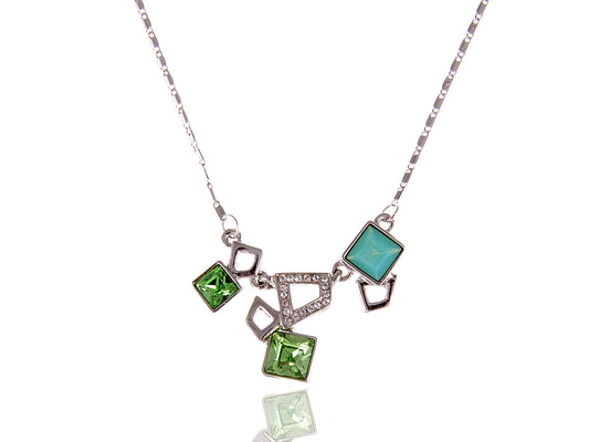 Swarovski Crystal Fun Green Opal Geometric Square Shapes Pendant Necklace