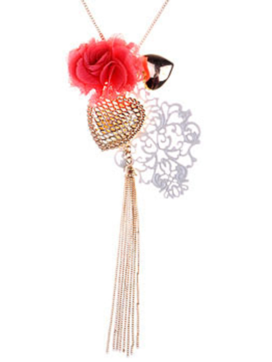 Coral Rose Flower Floral Filigree Heart Tassel Vintage Look Necklace