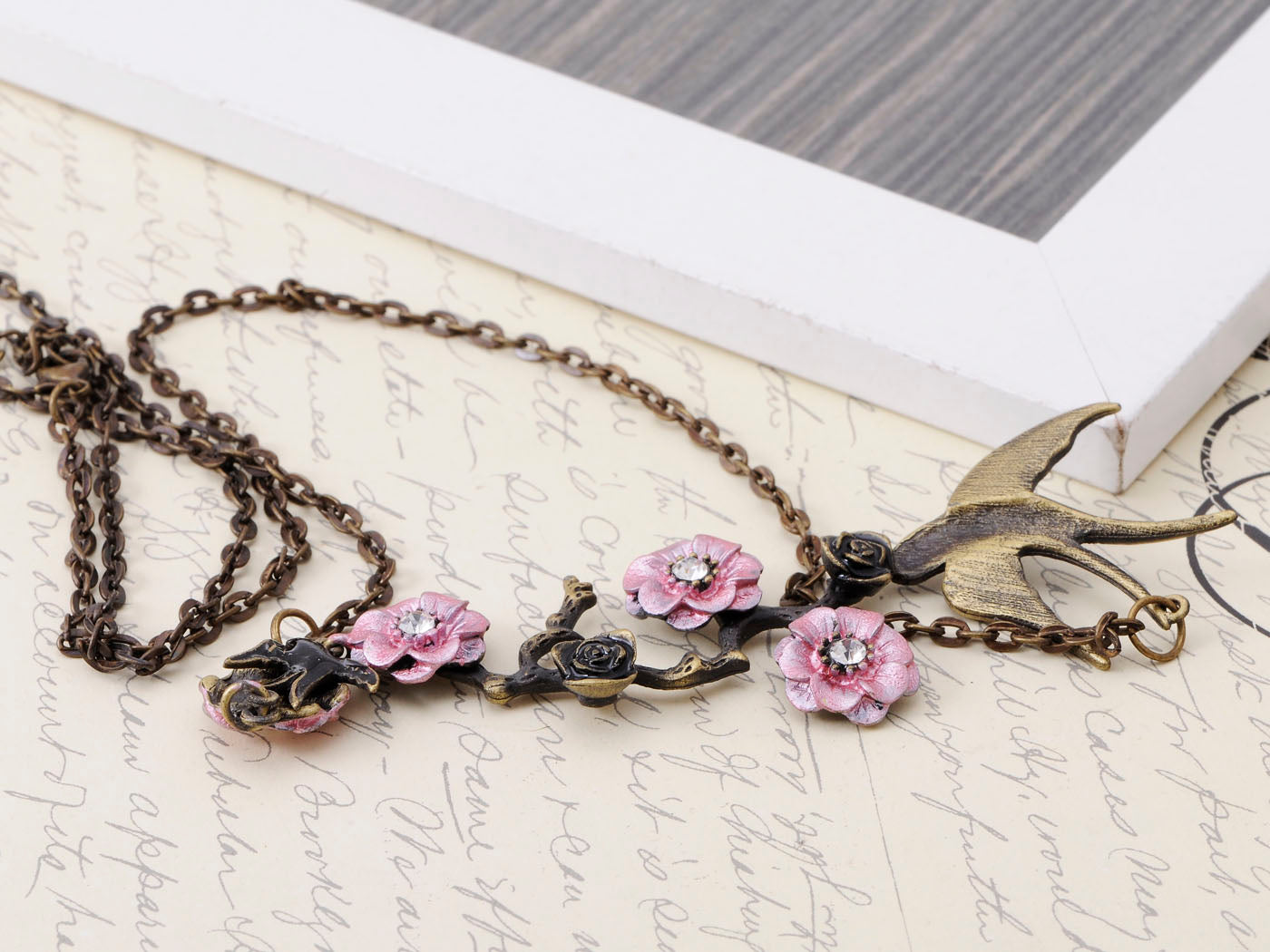 Antique Hand Painted Pink Cherry Blossom Flower Enamel Black Sparrow Birds Necklace