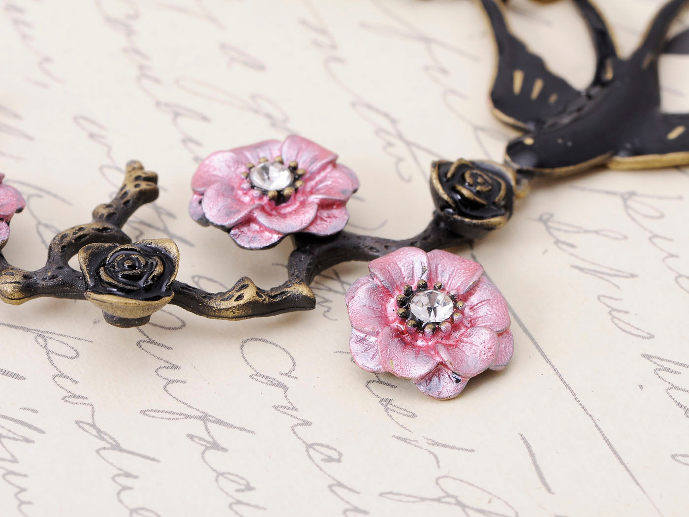 Antique Hand Painted Pink Cherry Blossom Flower Enamel Black Sparrow Birds Necklace