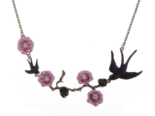 Alilang Antique Golden Hand Painted Pink Cherry Blossom Flower Enamel Black Sparrow Birds Necklace