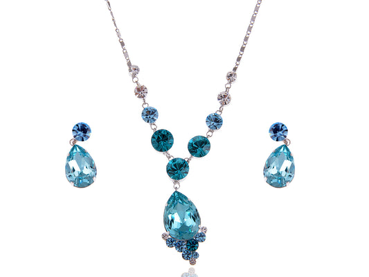 Swarovski Crystal Aqua Blue Tear Dangle Earring Necklace Set