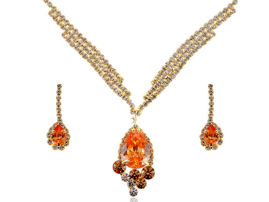 Swarovski Crystal Princess Topaz Yellow Tear Dangle Earring Necklace Jewelry Set