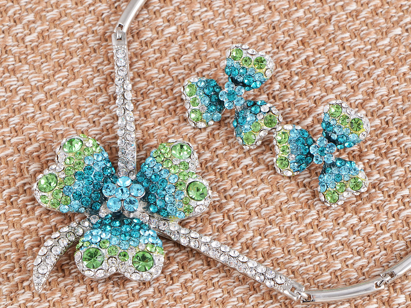 Swarovski Crystal Lucky Blue Green Irish Clover Earring Necklace Set