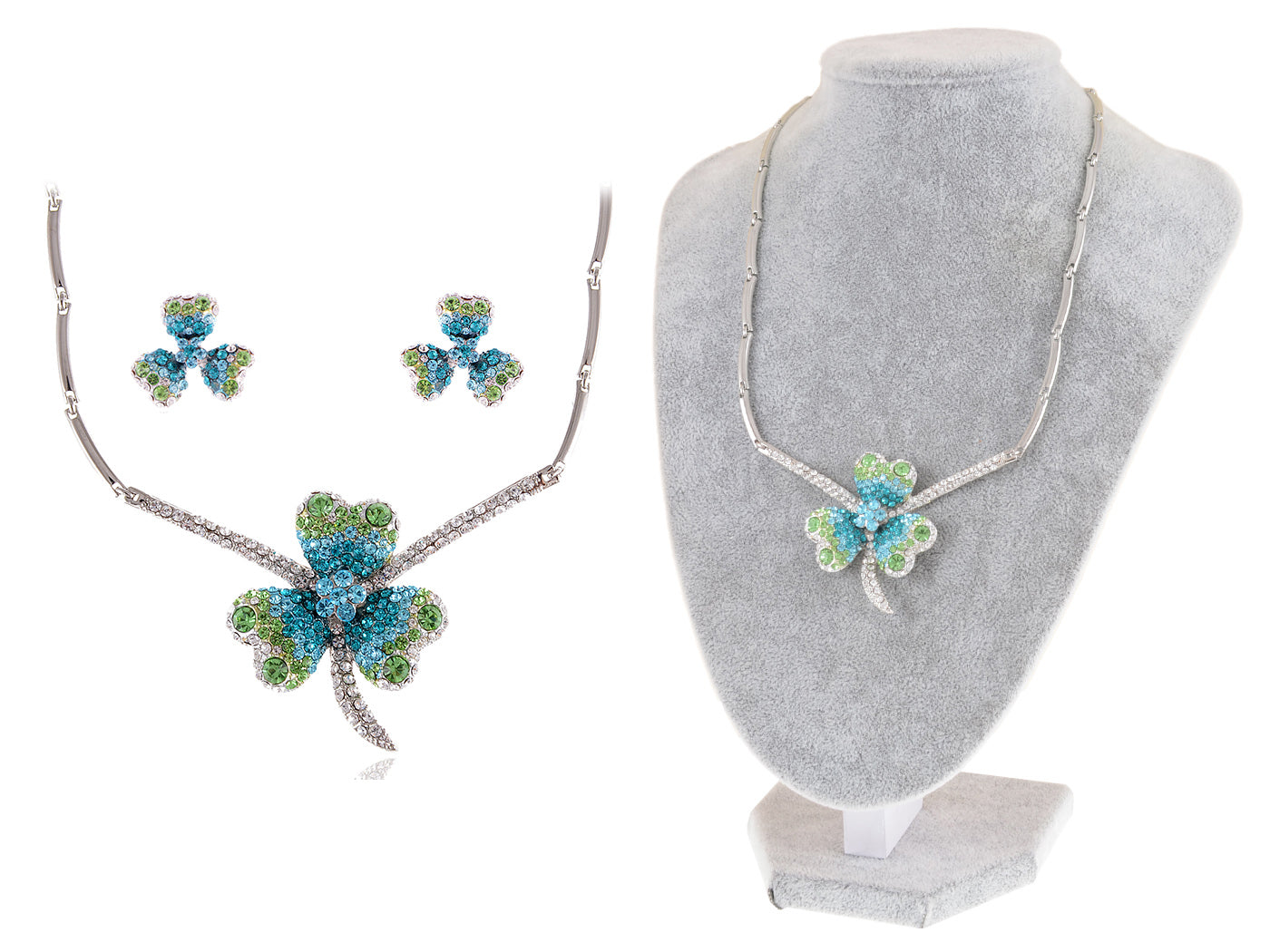 Swarovski Crystal Lucky Blue Green Irish Clover Earring Necklace Set