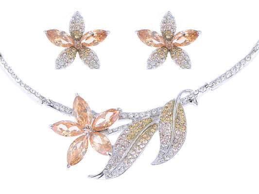 Swarovski Crystal Topaz Autumn Flower Leaves Necklace Earring Set