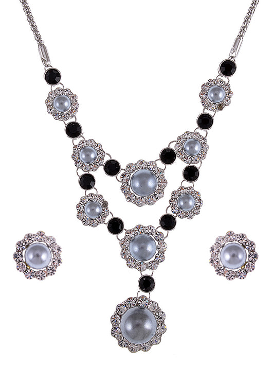 Swarovski Crystal Black Grey Pearl Sunflower Victorian Necklace Earring Set