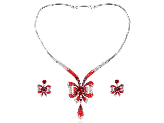 Swarovski Crystal Ruby Garnet Red Christmas Bow Ribbon Tie Necklace Earring Set