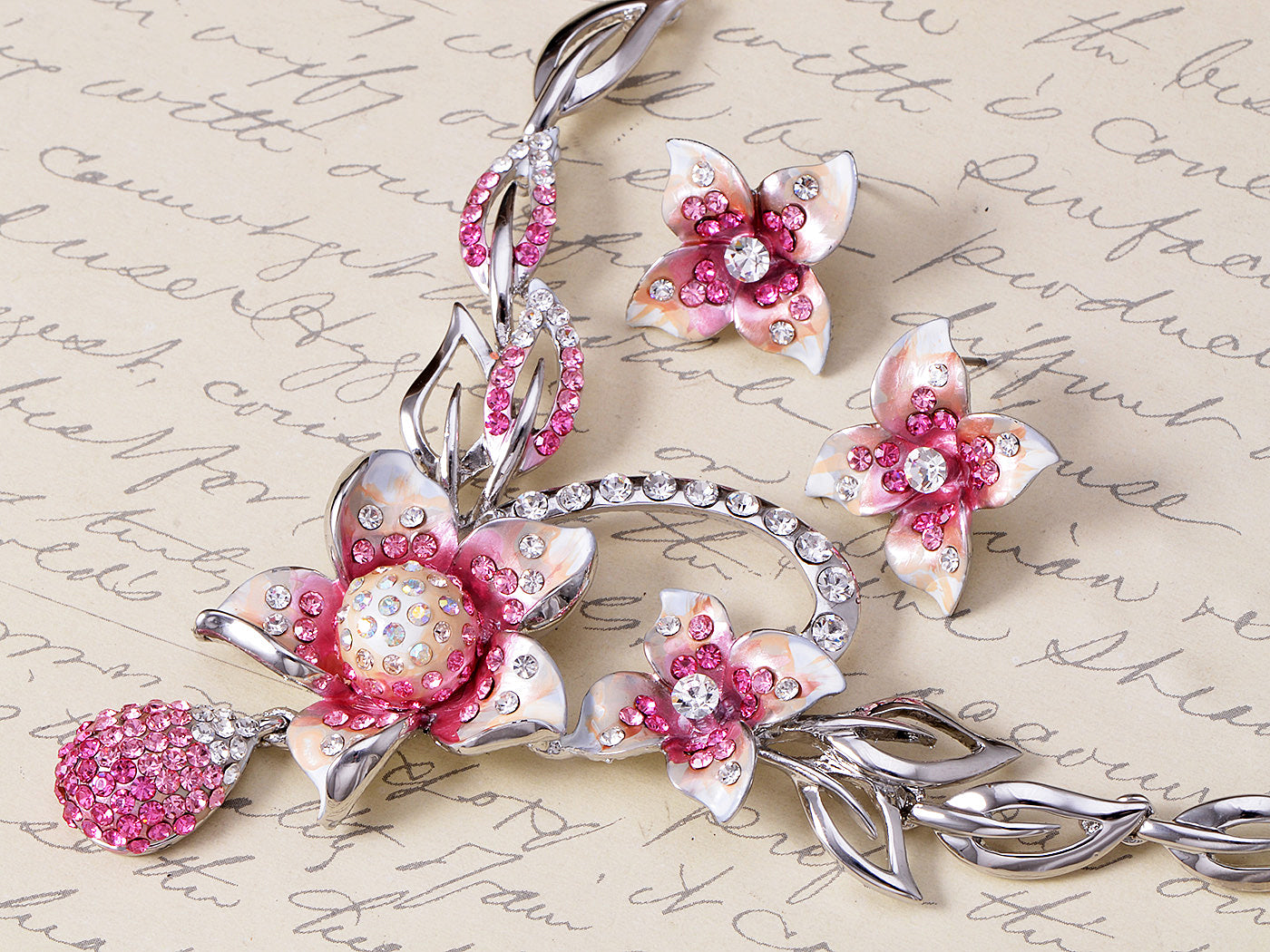 Swarovski Crystal Painted Pink White Plumeria Flower Dangle Necklace Earring Set