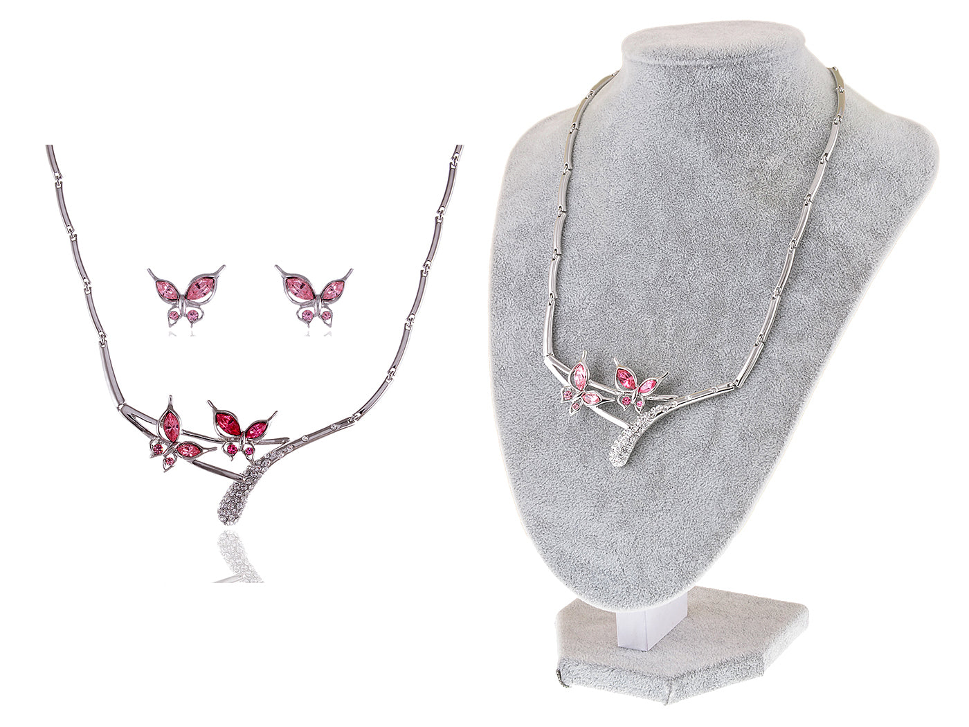 Swarovski Crystal Pink Rose Butterfly Love Duo Necklace Earring Set