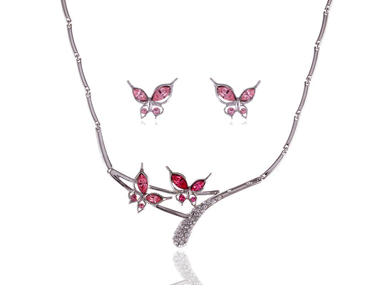 Swarovski Crystal Pink Rose Butterfly Love Duo Necklace Earring Set