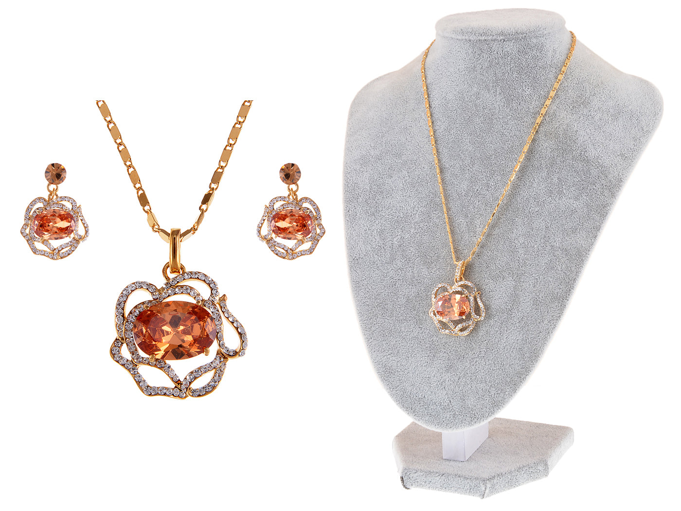 Swarovski Crystal Amber Rose Blossom Outline Necklace Earring Set