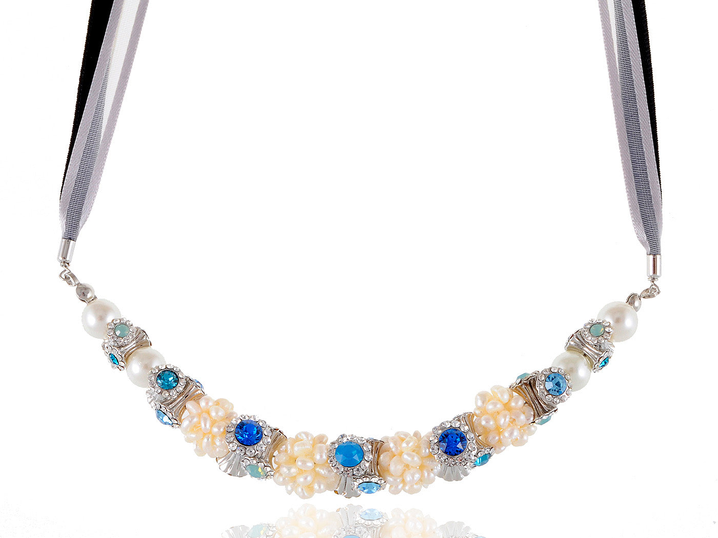 Swarovski Crystal Sapphire Blue Opal Pearl Bead Tri Ribbon Necklace