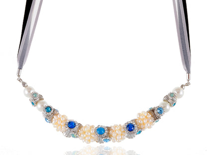 Swarovski Crystal Sapphire Blue Opal Pearl Bead Tri Ribbon Necklace