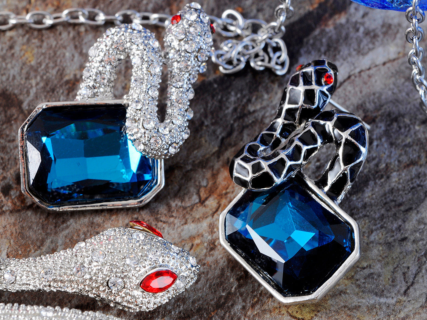 Sapphire Blue Black Silver Enamel Twin Snakes Necklace Earring Set