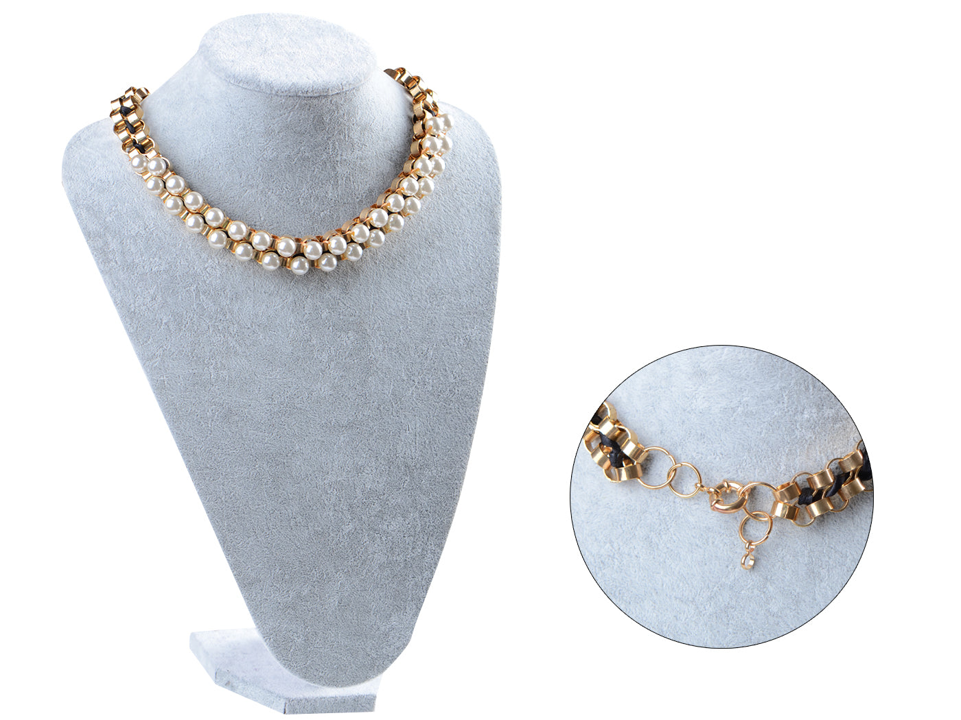 Retro 1960S Choker Pearl Bead Cuff Chain Link Cream Ribbon Necklace
