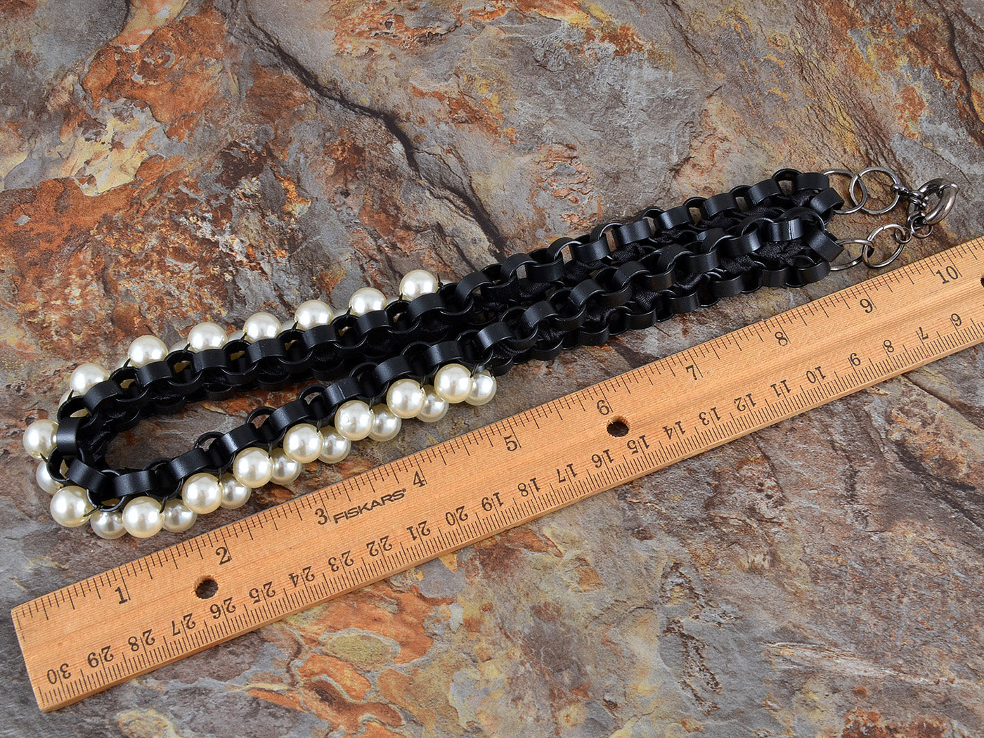 Retro 1960S Choker Pearl Bead Cuff Chain Link Black Ribbon Necklace