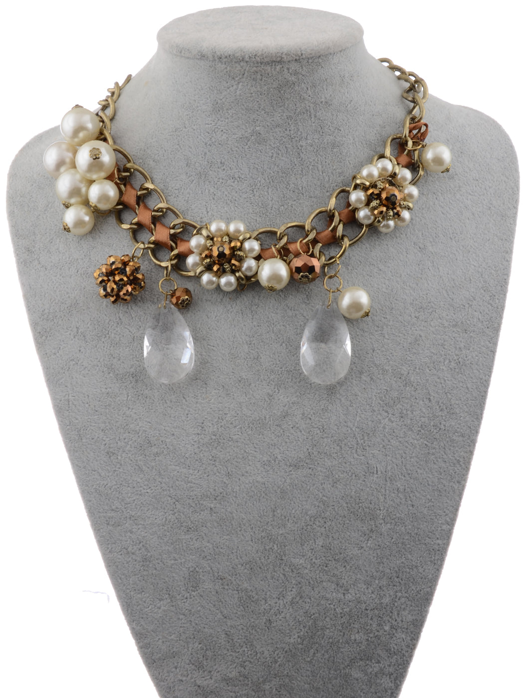 Brown Ribbon Tear Drop Pearl Flower Bead Eclectic Trend Necklace