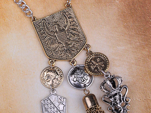 Medieval Heraldic Knight Coat Of Arms Shield Eagle Drop Tassel Necklace