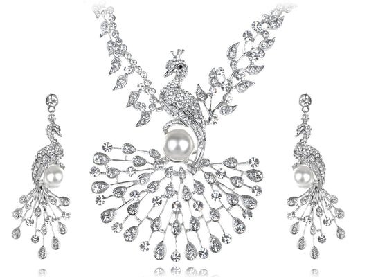 Pearl Peacock Bird Necklace Earrings Set