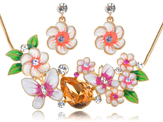 Tropical Gold Element Enamel Flower Earring Necklace Set