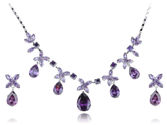 Swarovski Crystal Violet Element Bejeweled Link Floral Earring Necklace Set