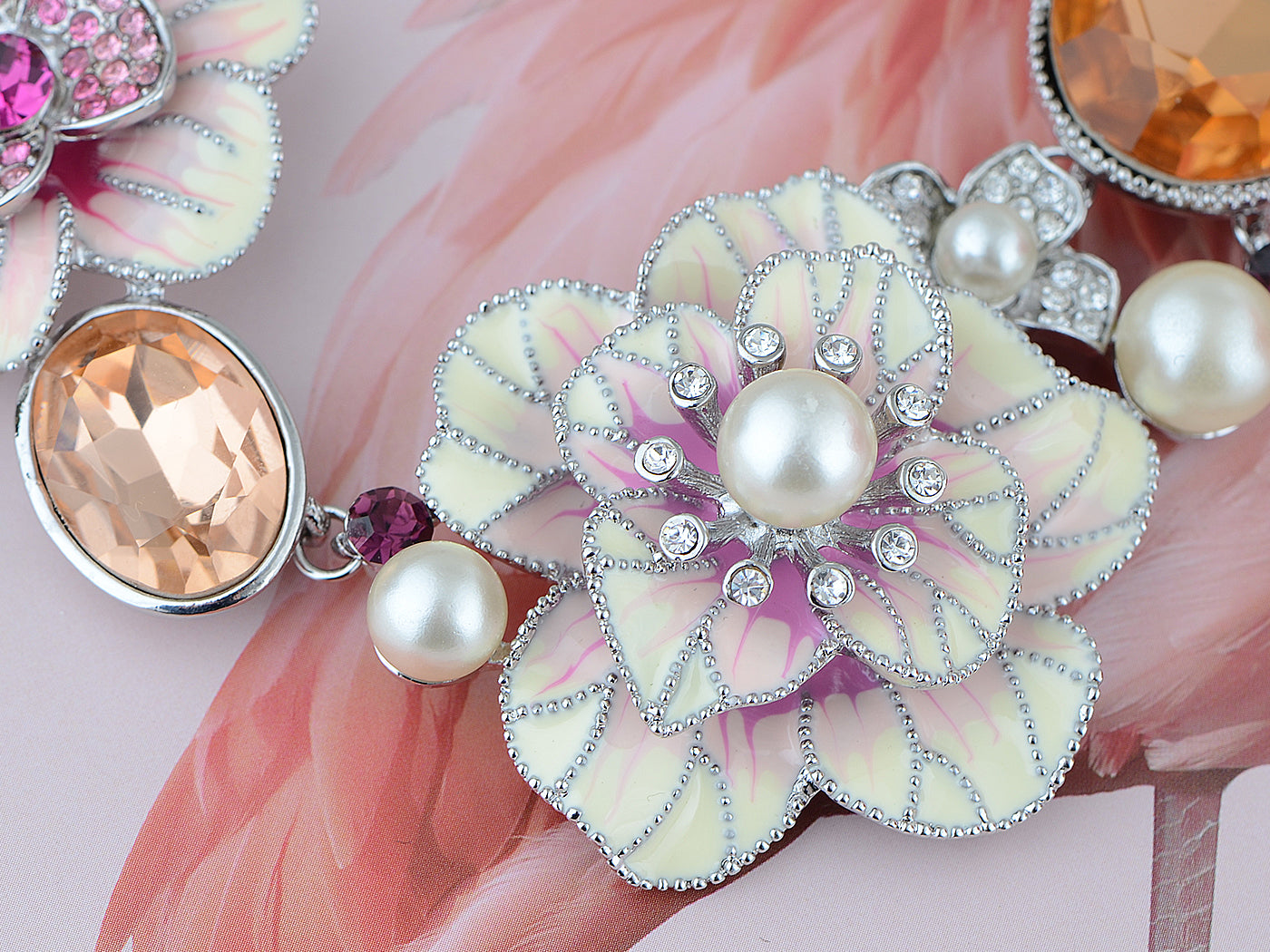 Swarovski Crystal Pearl Topaz Element Enamel Hibiscus Earring Necklace Set