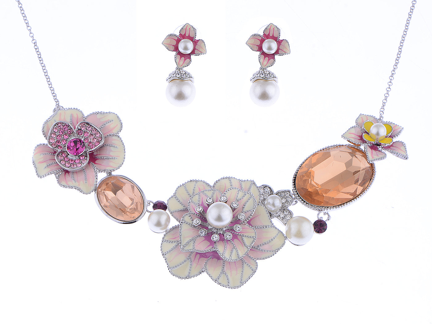 Swarovski Crystal Pearl Topaz Element Enamel Hibiscus Earring Necklace Set