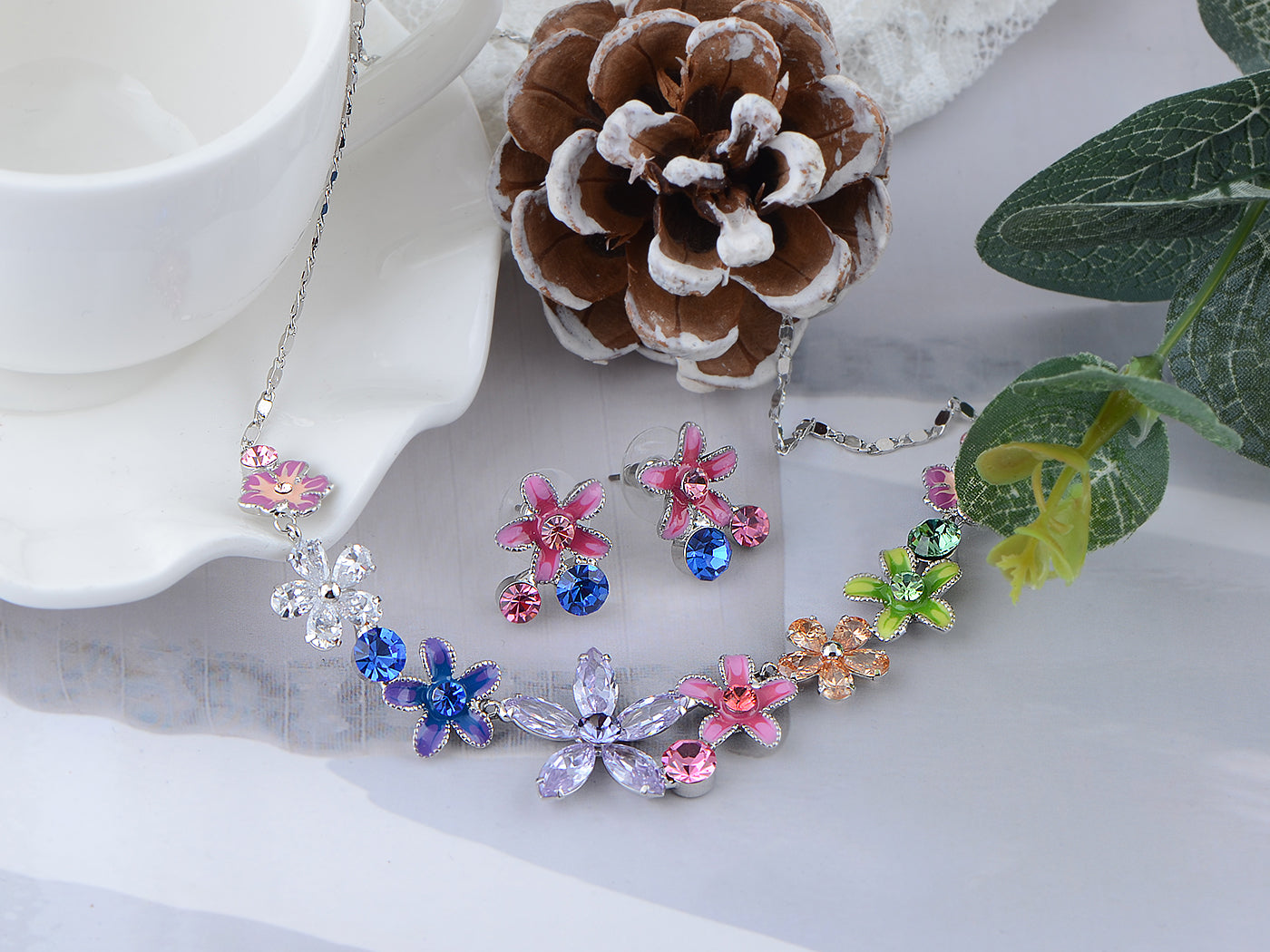 Swarovski Crystal Fun Violet Element Enamel Flower Link Earring Necklace Set