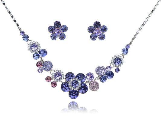 Swarovski Crystal Silver Purple Floral Flower Necklace Earrings Set