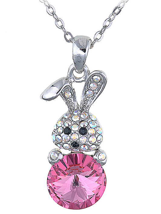 Swarovski Crystal Curious Animal Bunny Rabbit With Rose Or Topaz Easter Egg Pendant Necklace