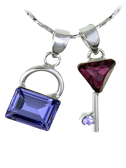 Swarovski Crystal Sapphire Lock Amethyst Key Pair Safeguard Element Necklace