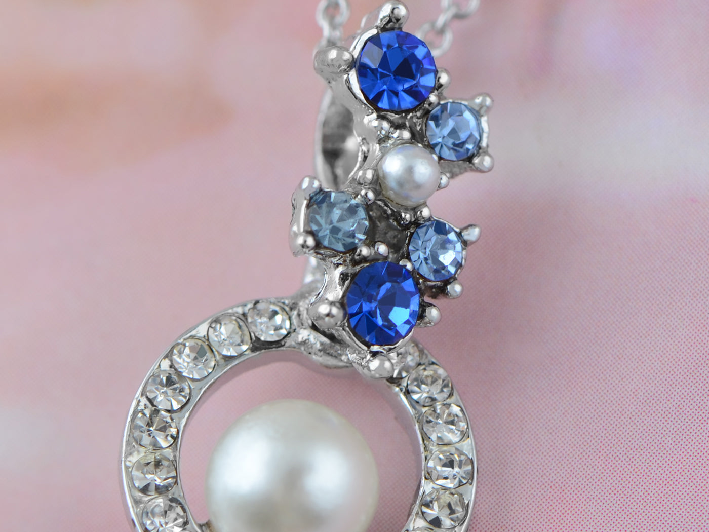 Swarovski Crystal Sapphire Floral Bud Cluster Framed Pearl Element Necklace