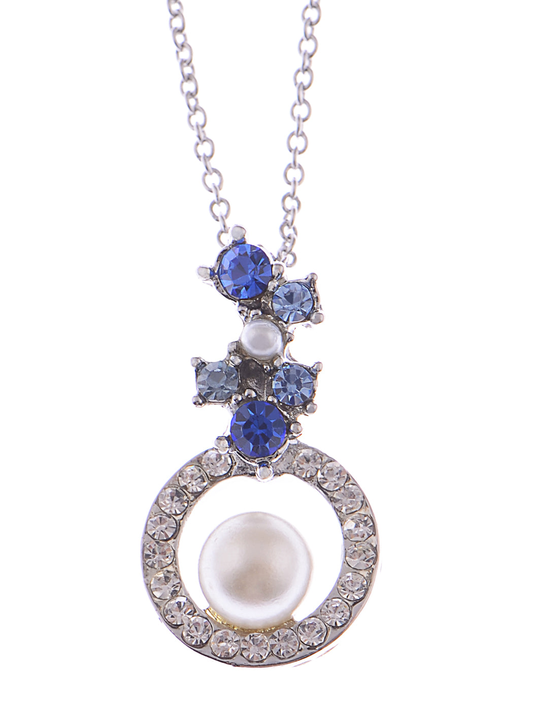 Swarovski Crystal Sapphire Floral Bud Cluster Framed Pearl Element Necklace