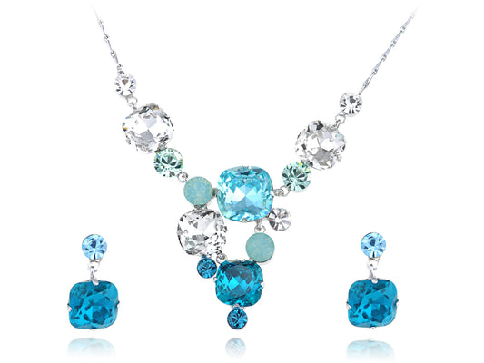 Swarovski Crystal Aqua Gradient Rectangle Bunch Element Earring Necklace Set