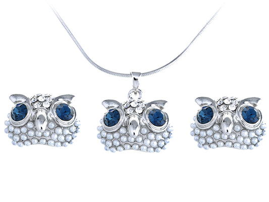 Swarovski Crystal Pearl Blue Eyed Curious Owl Element Earring Necklace Set