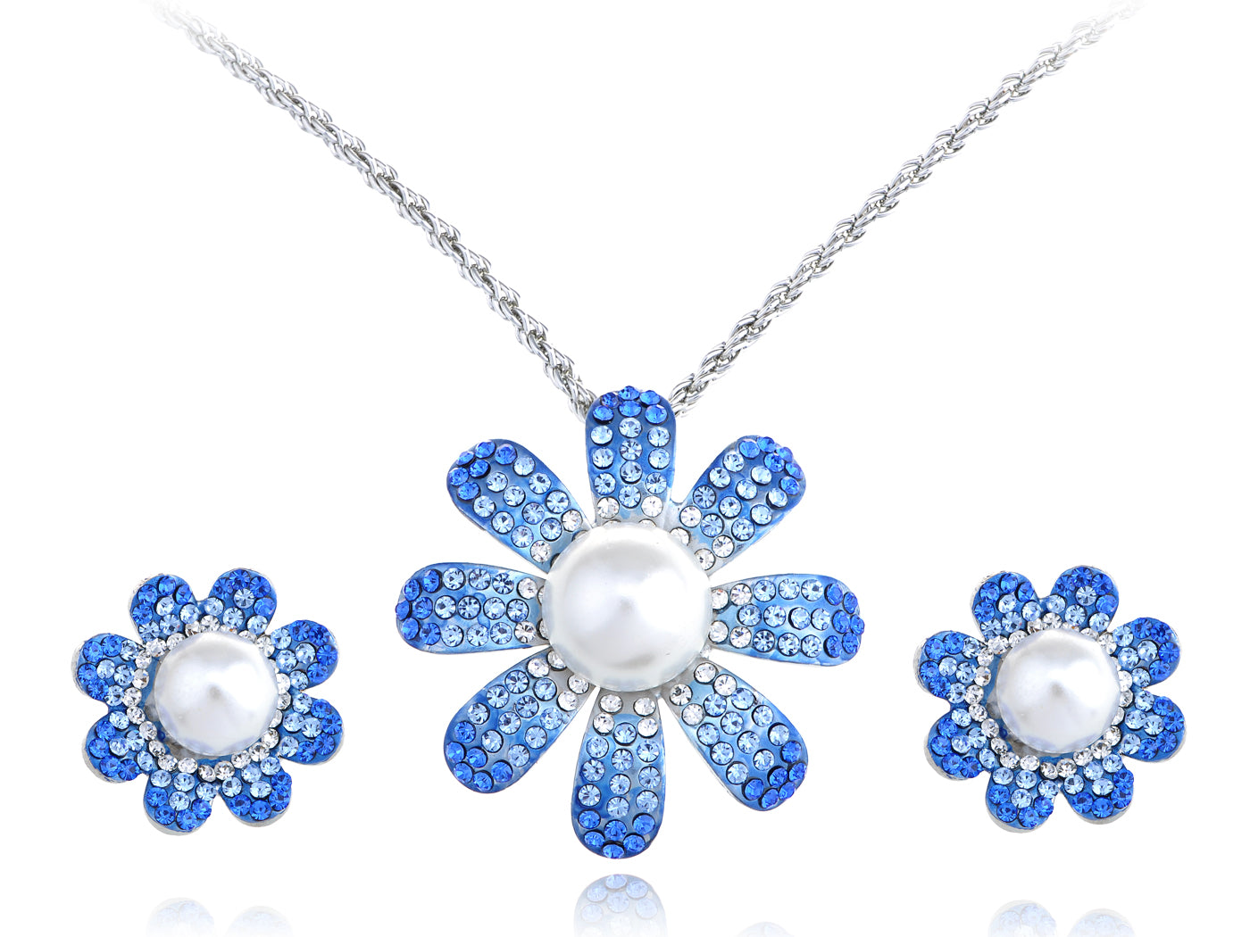 Swarovski Crystal Sapphire Pearl Center Daisy Element Earring Necklace Set