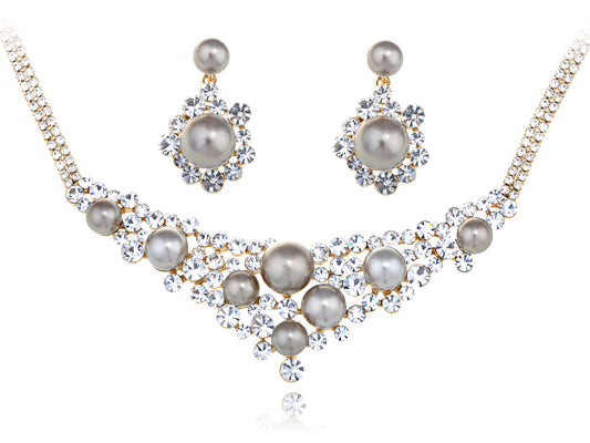 Swarovski Crystal Antique Bridal Grey Pearl Element Earring Choker Necklace Set