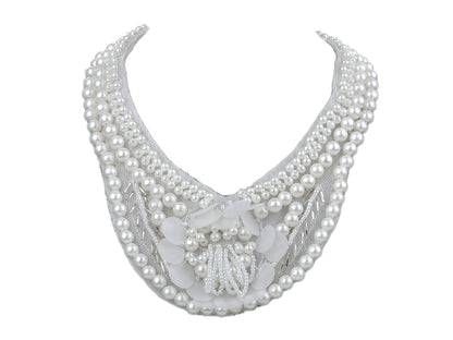 Bridal Collection White Pearl Bib Necklace W Mini Flower Accents