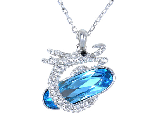 Swarovski Crystal Encrusted Dragon Clutches Oval Aquamarine Blue Pendant